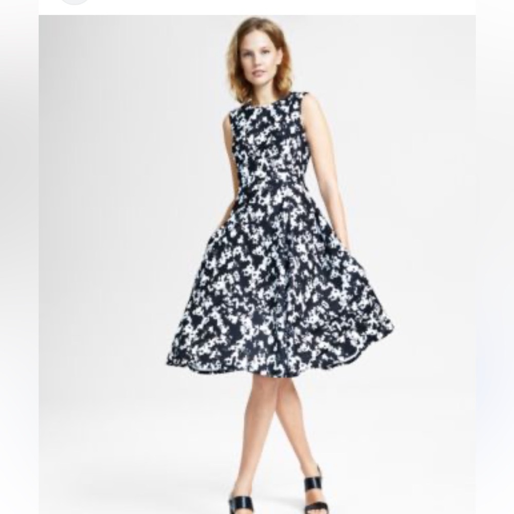 Sleeveless Navy and White Floral Fit-and-Flare Dress